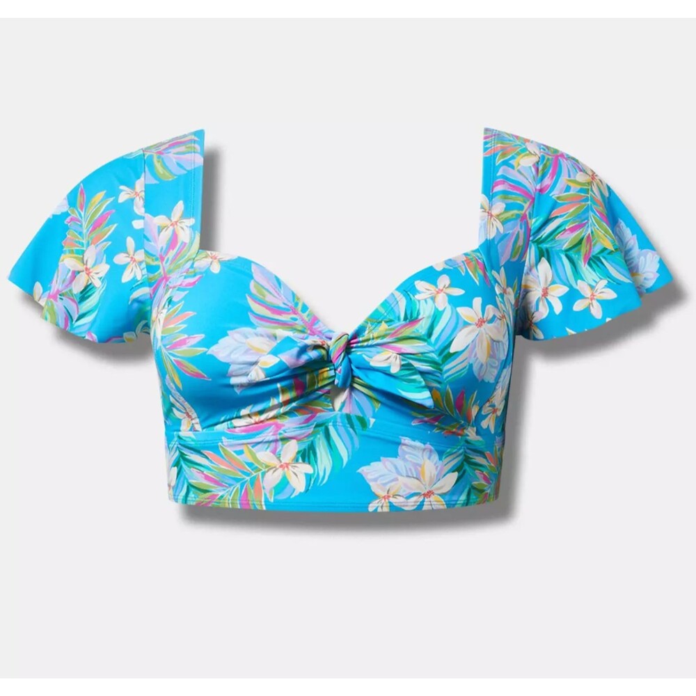 Torrid Wireless Swim Top 3X Blue Tropical Flutter Sleeve Floral Bikini Padded - Picture 10 of 10